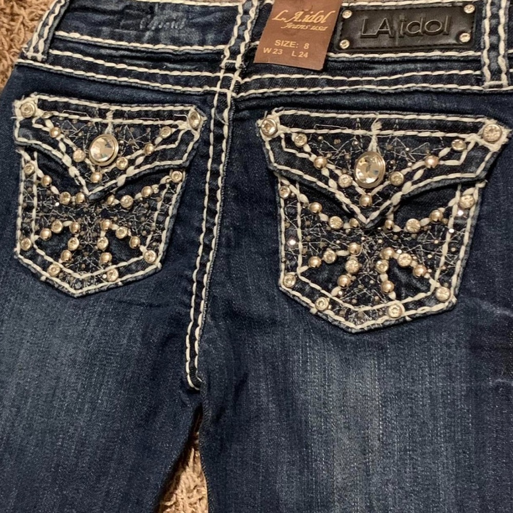 LAIdol Jeans Kid Girls Skinny Jeans with rhinestones on back and front